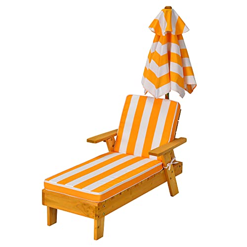 DREAMADE Bain de Soleil Enfant en Bois,Chaise Longue Jardin Exterieur pour Enfant avec Parasol,Coussin Amovible,pour Terrasse,Jardin,Cour,Piscine,91x49x107CM