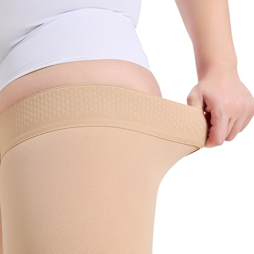 Image of Thigh High Compression Stockings 20-30mmHg Closed Toe - Extra Wide Calf Support for Varicose Veins & Pregnancy, Non-Slip Band, Size 4X-Large, Beige