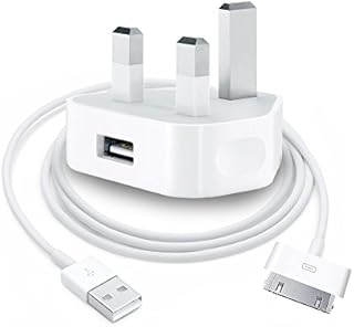 IWIO Mains 3-Pin UK Plug USB 1AMP & USB Charger compatible with Apple iPhone 3G/3GS/4/4s, iPad 1/2/3, iPod Touch 1/2/3/4, iPod Classic, iPod Nano 1/2/3/4/5/6 - WHITE