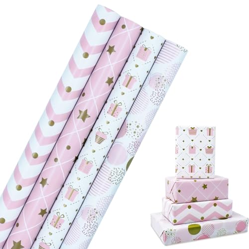 Rollo de papel para envolver regalos de cumpleaños: papel rosa, papel de regalo reciclable para envolver regalos de cumpleaños, decoración de fiestas, 4 rollos de 43 cm x 3 m