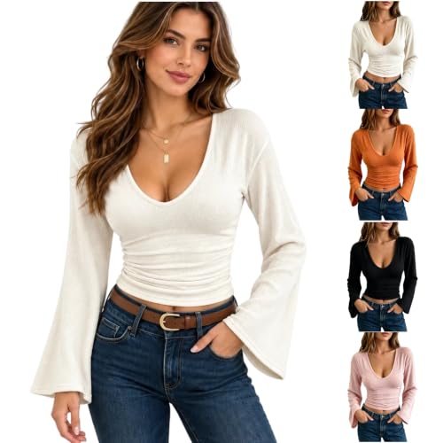 Bell Sleeve Tops for Women,Long Sleeve Going Out Tops for Women V Neck Slim Fit Cropped Fall Shirts Y2k Flowy Dressy Casual Business Blouses,Khaki,L - image 1