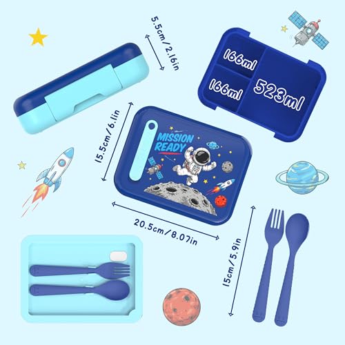 Image of Kids Bento Lunch Box for Boys & Girls - 4-Compartment Leak-Proof Lunch Container with Hidden Silicone Handle, Lightweight, BPA-Free, 855ml for School & Travel (Astronaut)