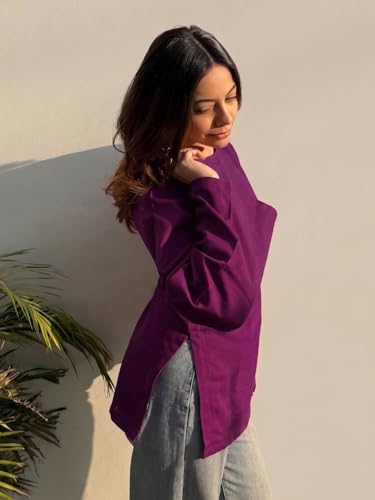 Image of ANNI Designer Short Kurti for Women Solid Design | V Neck Full Sleeve Kurti Tops for Women | Stylish Kurtis & Short Kurtis for Woman | Casual Kurti with Jeans | Kurtas for Woman
