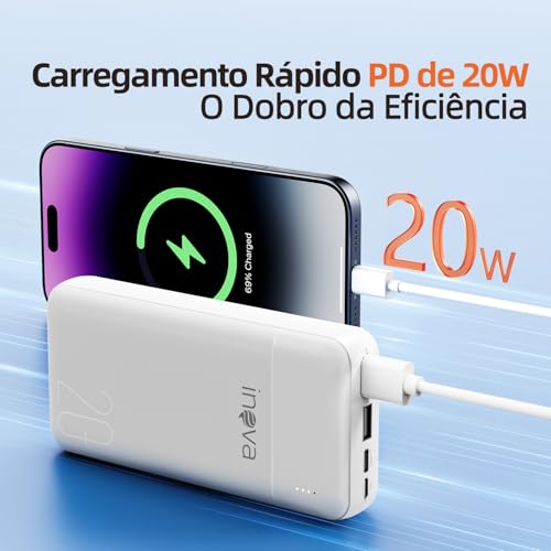 Power Bank, Carregador Portátil de 20000mAh com Carga Rápida, Múltiplas Portas, Design Leve e Proteç