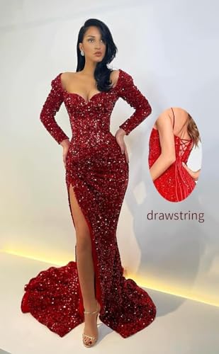 Women's Sequin Prom Dress with Slit Long Sleeve Mermaid Evening Gown Long Sparkly Ruched Formal Party Dress2