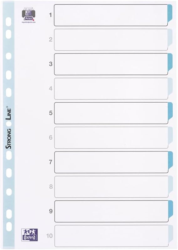 Oxford A4 Plastic 10-Part Dividers - Lightweight, Multi-Colored Tabs for Organized Filing, Tear-Resistant & Wipe-Clean, Multi-Punched for Binders
