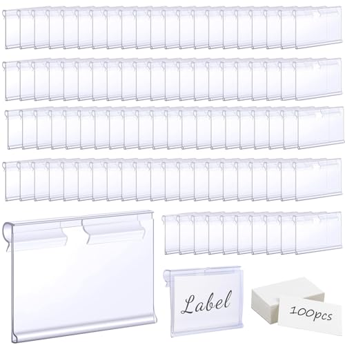 100 Pcs Clear Plastic Label Holders + 100 Pack Blank Label Paper, Merchandise Sign Display Tag Holder for Pantry Retail Merchandise Shopping Mall Store Shop Supermarket（2.36x1.57in）