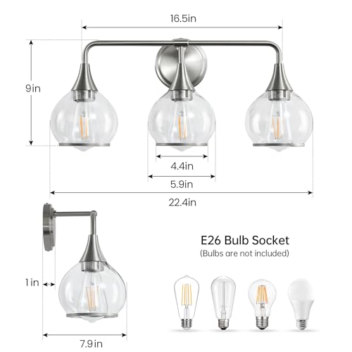 Image of Brushed Nickel Bathroom Vanity Light 3 Lights Bathroom Light Fixtures Over Mirror with Clear Glass Shade 22.4 inch Wall Sconces Lighting Bath(Exclude E26 Bulb)