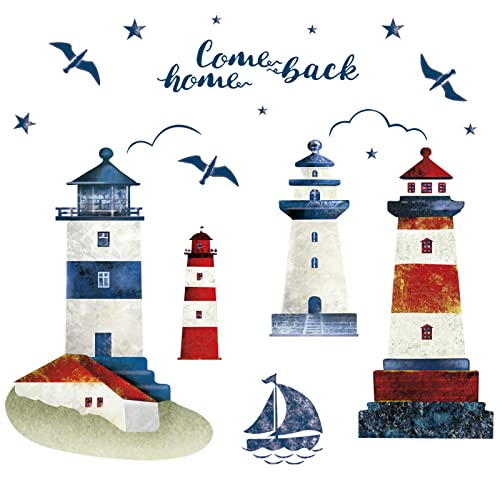 decalmile Stickers Muraux Phare Voilier Autocollant Mural Sous Marine Nautique Mouette Décoration Murale Salon Salle de Bain