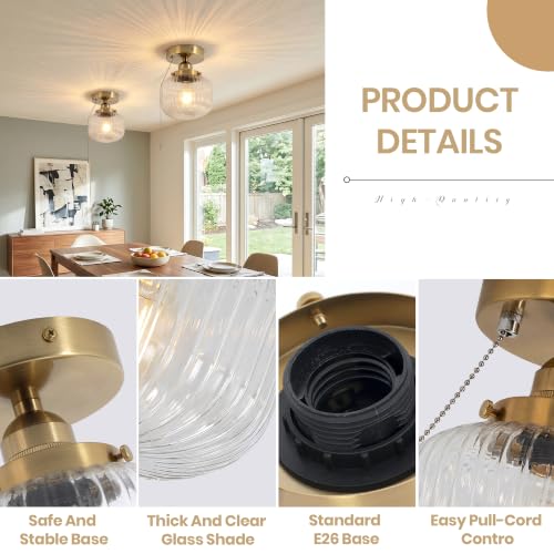 Image of Pull Chain Semi Flush Mount Ceiling Light, Vintage Brass Ceiling Light Fixture, Vertical Ribbed Clear Glass Shade Industrial Close‑to‑Ceiling Lamp, E26 Base for Hallway, Bulb Not Included