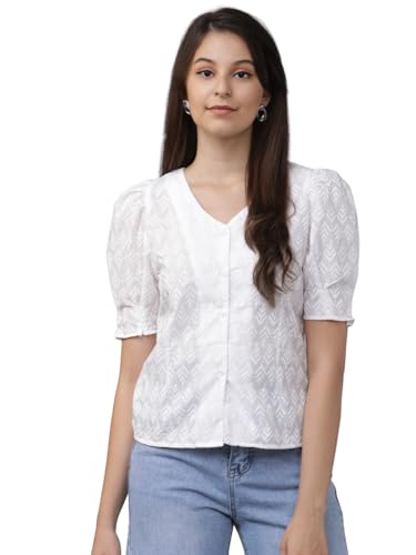 Image of Tokyo Talkies Women's Short Sleeves V-Neck Embroidered Tops| Stylish Casual wear