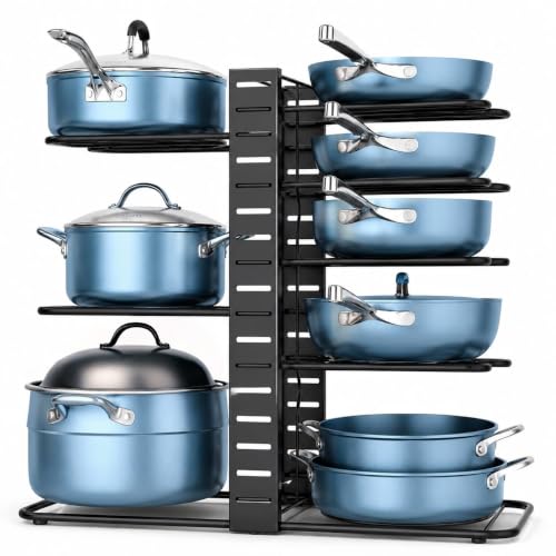 Image of 8-Tier Pots and Pans Organiser Rack for Cabinet, Adjustable Black8-Tier Pots and Pans Organizer Rack for Cabinet, Heavy Duty Adjustable Cookware Storage Holder for Pots, Pans