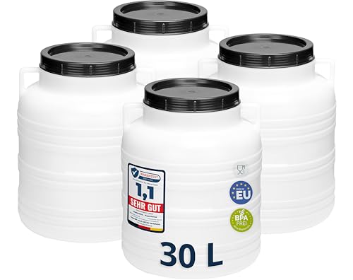 Set 4x 30 Liter Weithalsfass BPA-frei Futtertonne Fass Universalfass Lebensmittel Fass Regenfass für Garten Regentonne mit Deckel Regenwassertonne für Garten Wassertonne GD-0121, Weiß