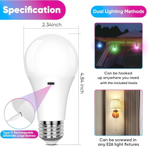 Image of Yochoice Rechargeable Battery Operated Wireless Puck A19 Light Bulb with Remote Control 1 Packs, Dimmable Detachable LED Bulb with 15 Colors Selectable 3 Timer, for Wall Sconce, Non Hardwired