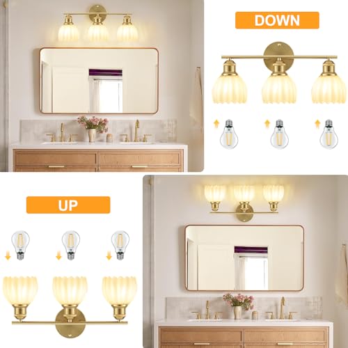Image of Bathroom Light Fixtures, 3-Light Brushed Gold Vanity Lights for Bathroom with White Tulip Glass Shade, 20 inch Vintage Bathroom Vanity Lighting Fixtures Over Mirror for Bedroom Living Room Hallway