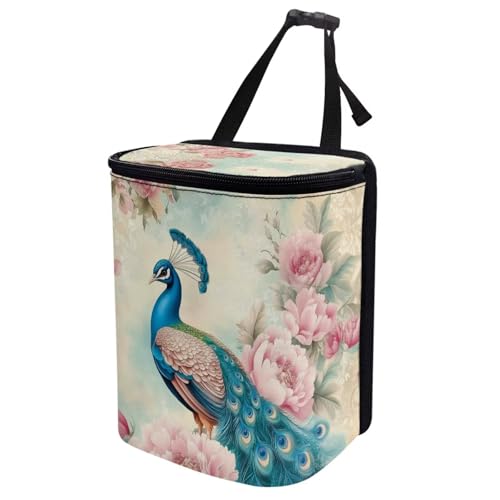 Image of Talayituse Vintage Peacock Flower Print Car Trash Bin, Large Size Auto Trash Can Adjustable Portable Garbage Can with Lid, Vehicle Hanging Bag for Headrest Front Back Seat
