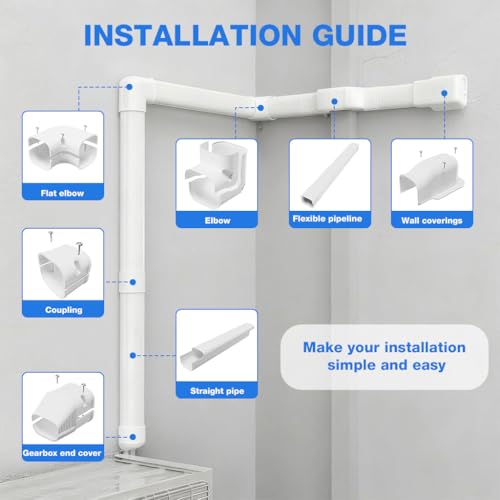 Image of HASTHIP 8Pcs Air Conditioner Pipe Concealing Set, 3'' Width, 40'' Straight Pipes and Vertical /Horizontal Elbows, Universal PVC Indoor Outdoor Pipe Cover, Decorative PVC Tubing Cover Kit