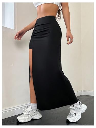 SOLY HUX Women's High Waisted Split Skirt Ruched Bodycon Casual Going Out Long Skirts3