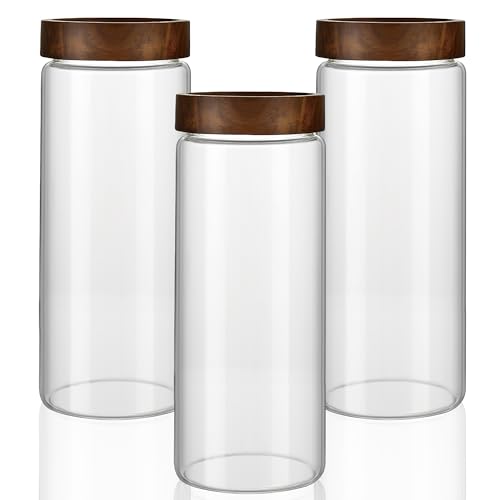 INCETUE Glass Storage Jars with Wooden Lids, 1500ml Large Clear Airtight Storage Canisters (Set of 3) with Screw Top, Kitchen Pantry Containers for Spaghetti, Fermenting, Flour, Dry Food