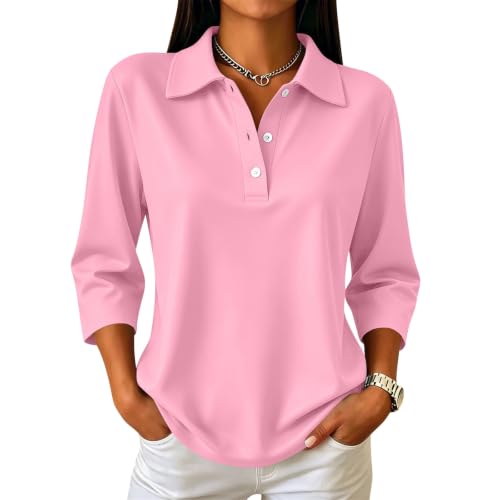 3/4 Sleeve T Shirts for Women Plain Collared Button Summer Tops, Pink, L