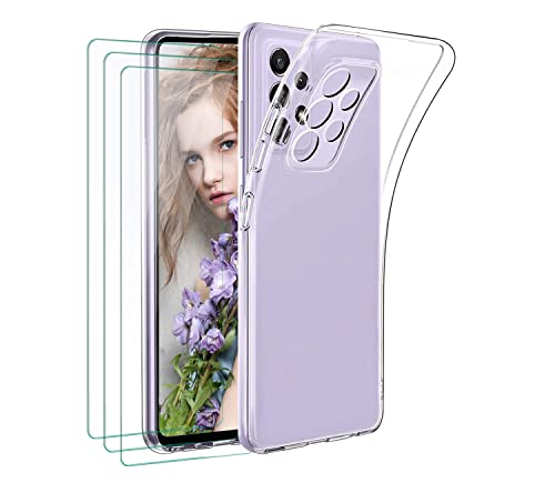NUDGE Coque pour Samsung Galaxy A52 4G&5G/ A52s 5G avec 3 Verre Trempé, HD Anti-Chute Anti-Rayures Transparent Étui de Protection en Silicone Ultra-Mince Souple TPU Housse - Transparent Cover