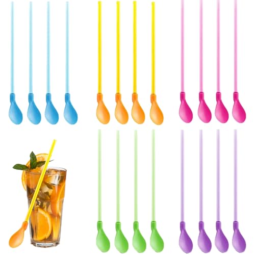 20 Pieces Slushie Straws, Colored Straw Spoon 2 in 1, Reusable Slush Straws Spoon for Smoothie, Milkshake, Cocktails, Coffee and Hot Drinks