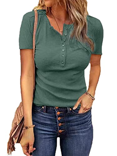 ABINGOO Damen T-Shirt Basic Kurzarm Sommer Knöpfe V Ausschnitt Tops Stretch Oberteil Tuniken Blusen Cover