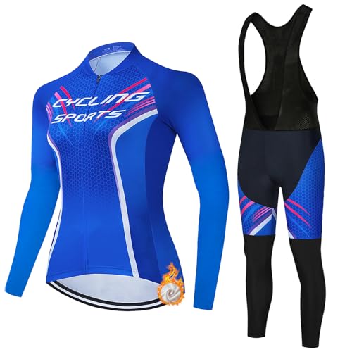 Completo Ciclismo Abbigliamento Bici MTB Donna,Maglia Ciclista Invernale Maglietta Ciclo Termico Vello Giacca Manica Lunga e Salopette Pantaloni con 19D Gel Imbottiti,Completi Tuta Bicicletta|6,XL