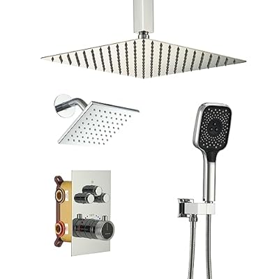 CASAINC 12-inch Thermostatic Shower System Ceiling Mounted 3 Function Luxury Dual Shower Head with Handheld Spray (Chrome)