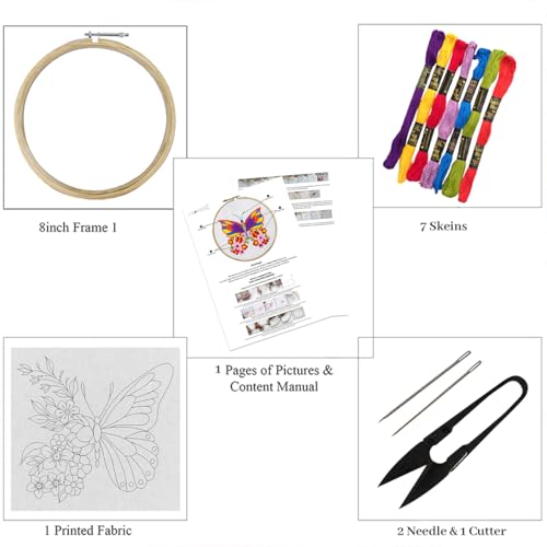 Image of picknMAKE Cross Stitch Embroidery Kit For Beginners & Adult, Featuring A Butterfly With Colourful Floral Wings, Printed Fabric, Instructions Papers, Threads & Needles All Materials Included,Multicolor