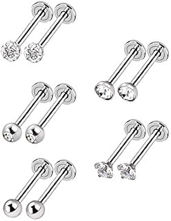 5 Styles 16 Gauge Stainless Steel Nose Studs Tragus Bars Labret Bars Crystal Ball Labret Body Piercing, 5 Pairs
