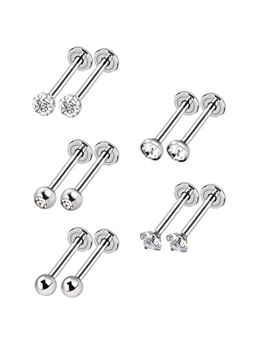 Mudder 5 Styles 16 Gauge Stainless Steel Earrings Tragus Bars Labret Crystal Ball Labret Body Piercing 5 Pairs Stainless Steel No Stone, Stainless Steel, without stone