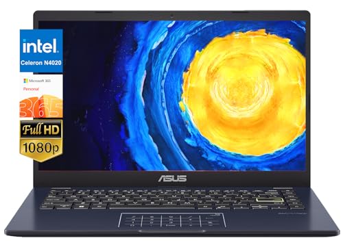 ASUS Vivobook Go 14” FHD Ultra Thin Laptop, Intel Celeron N4020, Backlit KB, Win11 Home in S Mode, w/1 Year Microsoft 365 & Cloth (4GB RAM | 256GB SSD)