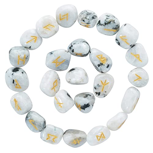 Crocon Rainbow Moonstone Rune Stones Sets 25 pcs for Beginners with Elder Futhark Alphabets for Healing Chakra Crystals Reiki feng Shui Gemstone Runes Set Size: 15-20 mm with a Pouch & Rune brochure