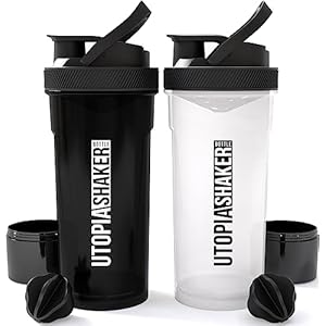 Utopia Home Shaker Bottle 2 Pack – 24 Ounce Plastic Protein or Cocktail Shaker Bottle for Pre & Post workout with Twist & Lock Protein Box Storage (All Black & Clear/Black)