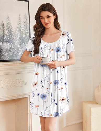 Image of Ekouaer Nightgowns for Women Pleated Sleep Shirts Short Sleeve Night Shirts Lace Trim Night Gown Ladies Sleep Dress