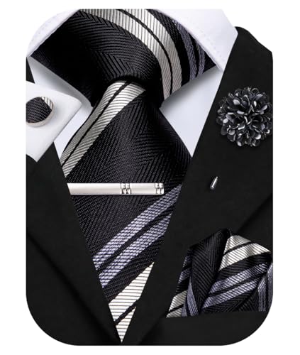 Image of Hi-Tie Formal Black Gray Striped Neckties for Men Classic Woven Ties and Pocket Square Lapel Pin Silver Tie Clip Cufflinks Set Wedding Business 6PCS