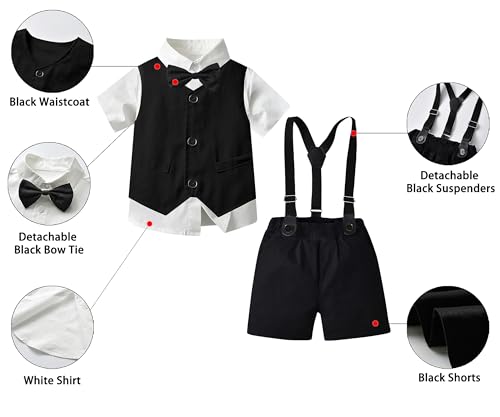 Image of SANGTREE Baby Boy Suit Wedding Ring Bearer Outfits Vest Short Sleeve Bowtie Shirt Suspender Summer Gentleman Shorts Sets