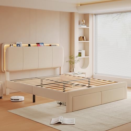 Image of Feonase Full Upholstered Bed Frame with Headboard and 2 Storage Drawers, Built-in Charging Station, Velvet Platform LED Bed with Solid Wood Slat Support, No Box Spring Needed, Beige