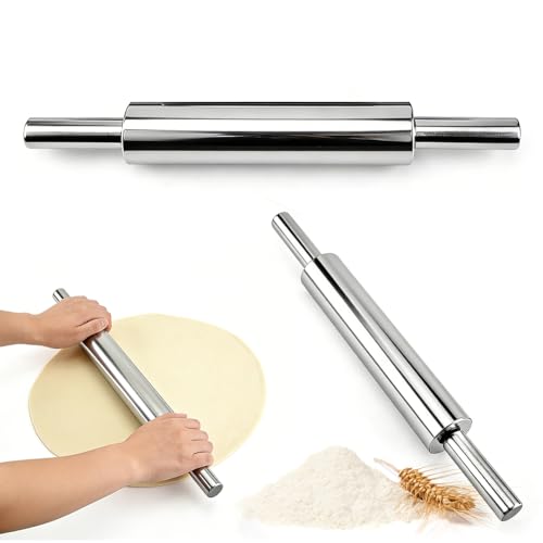 Nudelholz Edelstahl Teigroller 43cm Antihaft Teigroller Edelstahl Nudelholz mit Griff Drehbare Teigrolle Backzubehör Rolling Pin für Fondant Pizza Knödel Brot Kuchen Nudelteig Mürbeteig