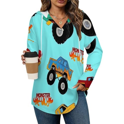 Womens Bodysuit Monster Truck Cartoon T Shirts Long Sleeve Hoodie V Neck Pullover Tops, 2026