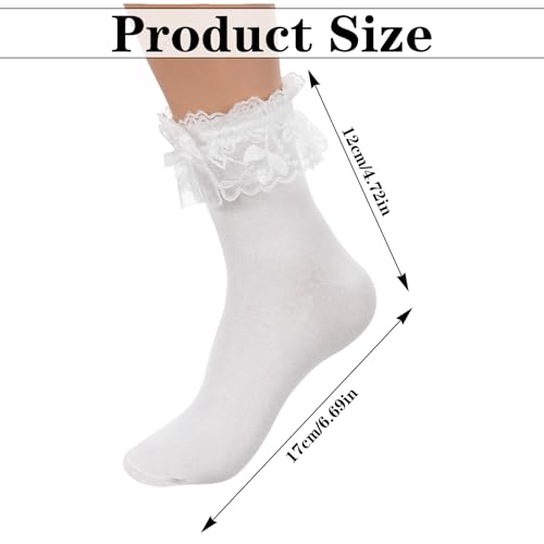 2 Pairs Lace Ruffle Socks, Cute Satin Bow Frilly Socks Comfortable Cotton Ankle Sock for Women Girls (Black and White)2