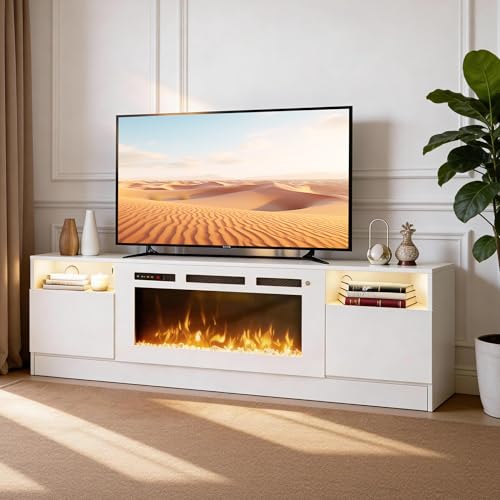 OneBlis 70" Fireplace TV Stand for TVs Up to 80",Entertainment Center with 36” Electric Fireplace and 12 Colors LED Lights,Large TV Console with Storage Cabinet for Living Room,All White
