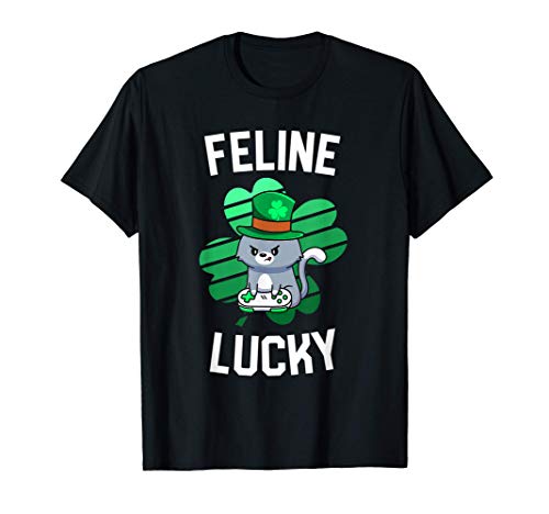 St Patricks Day Gamer Shirt Leprechaun Cat Feline Lucky Camiseta