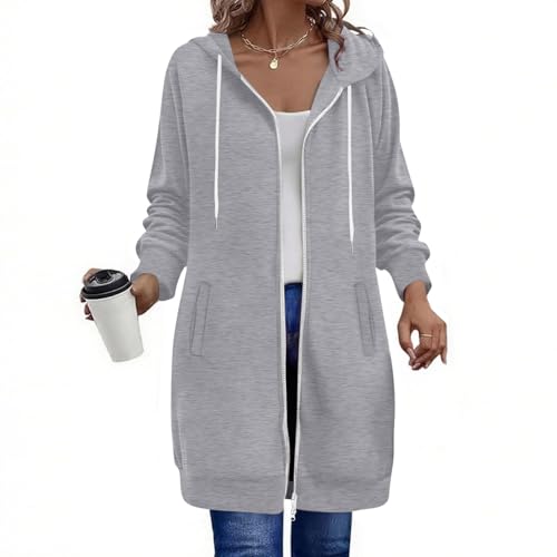 Herbstjacke Damen Modisches Einfarbig Hoodie Jacke Lang Wintermantel mit Kapuze Herbst Winter Fleecejacke Langarm Übergangsjacke Plus Size Kapuzenpullover Zipper Kapuzenjacke mit Taschen Winterjacke