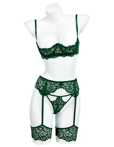 Avidlove Women's Sexy Lingerie Set with Garter Belt Matching Bra and Panty Lingeries Sets 3 Piece Green — view 2