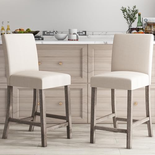 Butacos de Madera para Isla de Cocina, Set de 2, Estilo Mid Century Modern, Asiento Tapizado en Tela de Lino, Patas de Madera de Caucho y Reposapiés, Color Beige miniatura 1