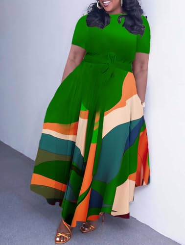Image of Hostoyo Women Plus Size Formal A Line Maxi Dress Self Tie Waist with Pockets Elegant Round Neck Swing Long Dresses