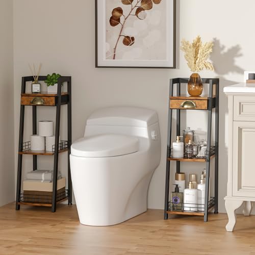 keomaisyto 3-Tier Narrow Bathroom Shelves with Drawer, Bathroom Organizers and Storage, Open Floor Ladder Shelf, Freestanding Tower Slim Standing Unit for Small Spaces - Rustic Brown by keomaisyto - Used condition - Image 5