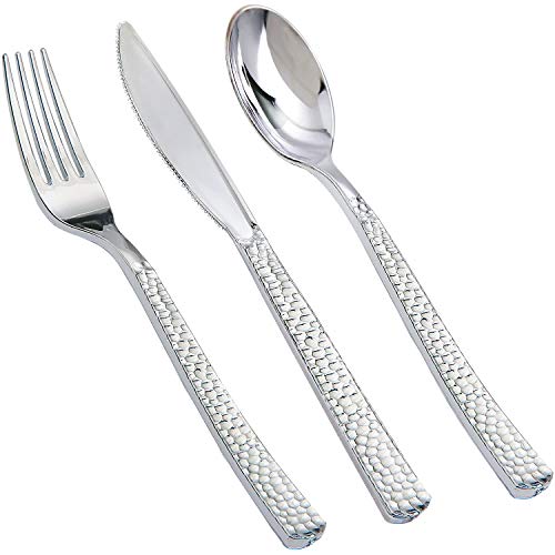 Supernal 360pcs Silver Plastic Cutlery,Elegant Plastic Silverware,Silver Hammed Silverware,Disposable Flatware,Include 120 Forks,120 Knvies,120 Spoons,Perfect for Birthday,Party,Wedding